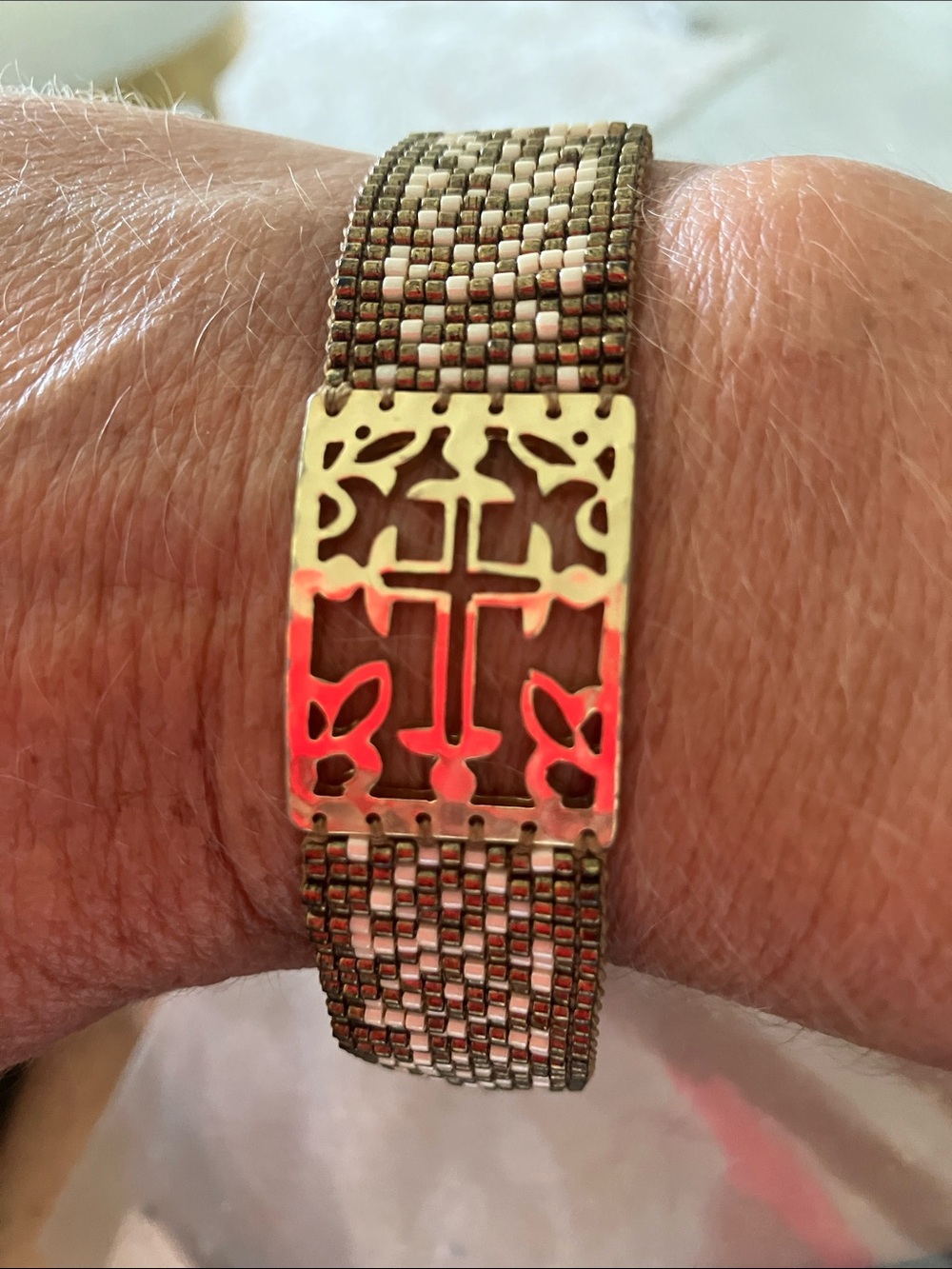 Gold Cross Bracelet with Filigree Plate. Highend boutique; never worn!